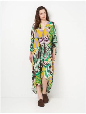 Zara Multi-Color Printed V-Neck Button-Front Kaftan Viscose SZ Medium Oversized